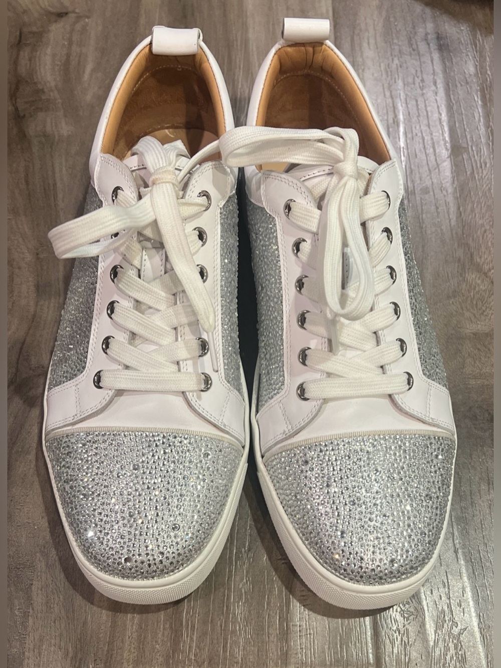 Designer Inspired White Sneakers with Silver Crystal Panels
